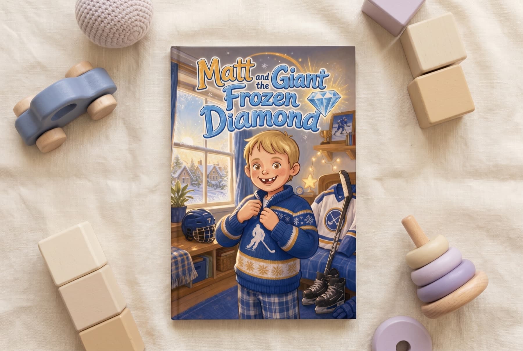 The printed hardcover saga lying on a linen blanket, surrounded by cast-aside wooden and pastel toys